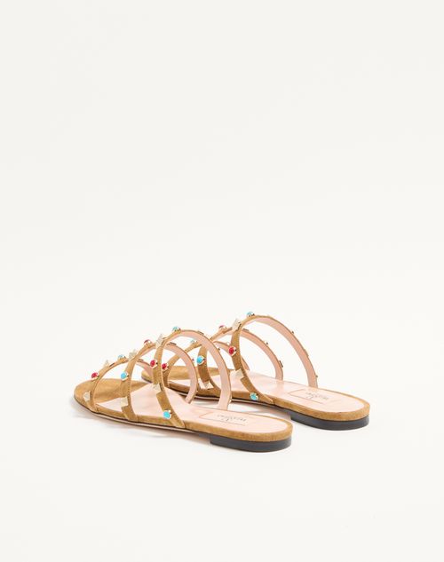 Valentino Garavani - Rockstud Slide Sandal In Split Leather With Cabochon Stones - Havana Beige - Woman - Sandals